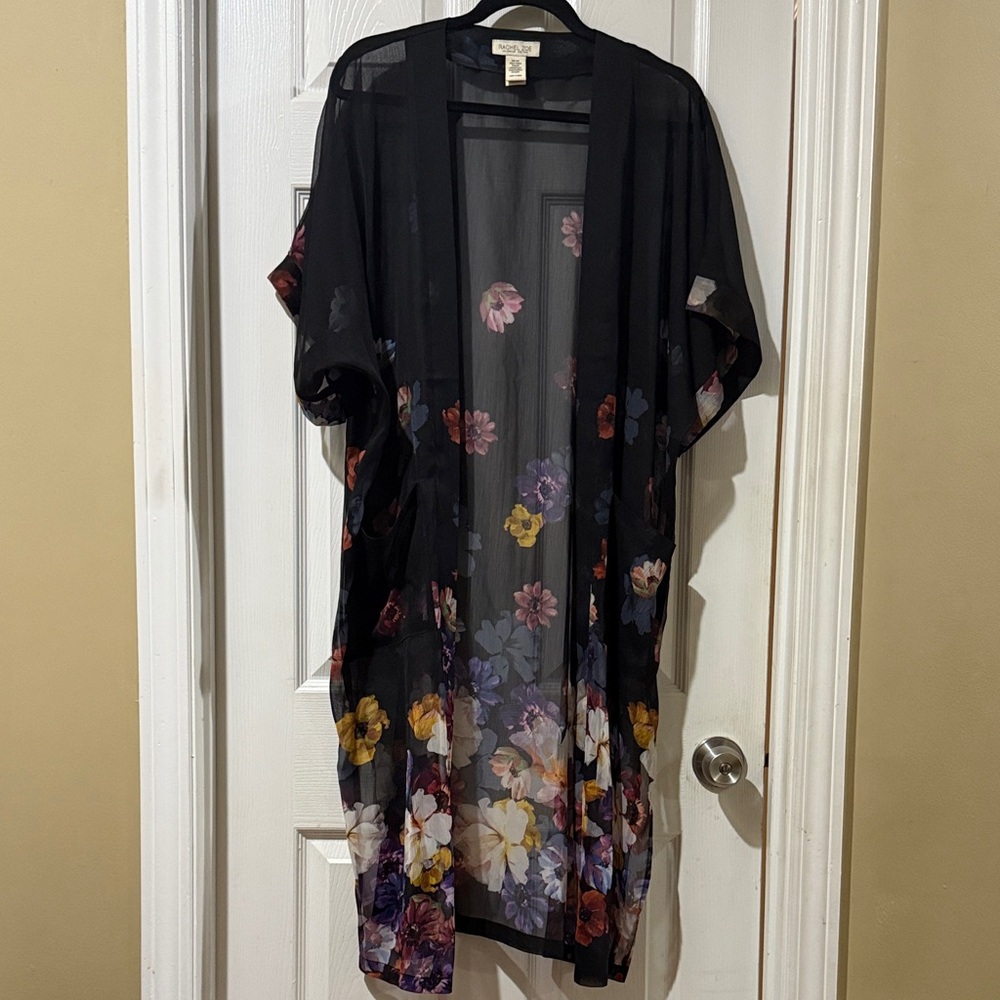 Rachel Zoe Black Sheer Floral Kimono, One Size